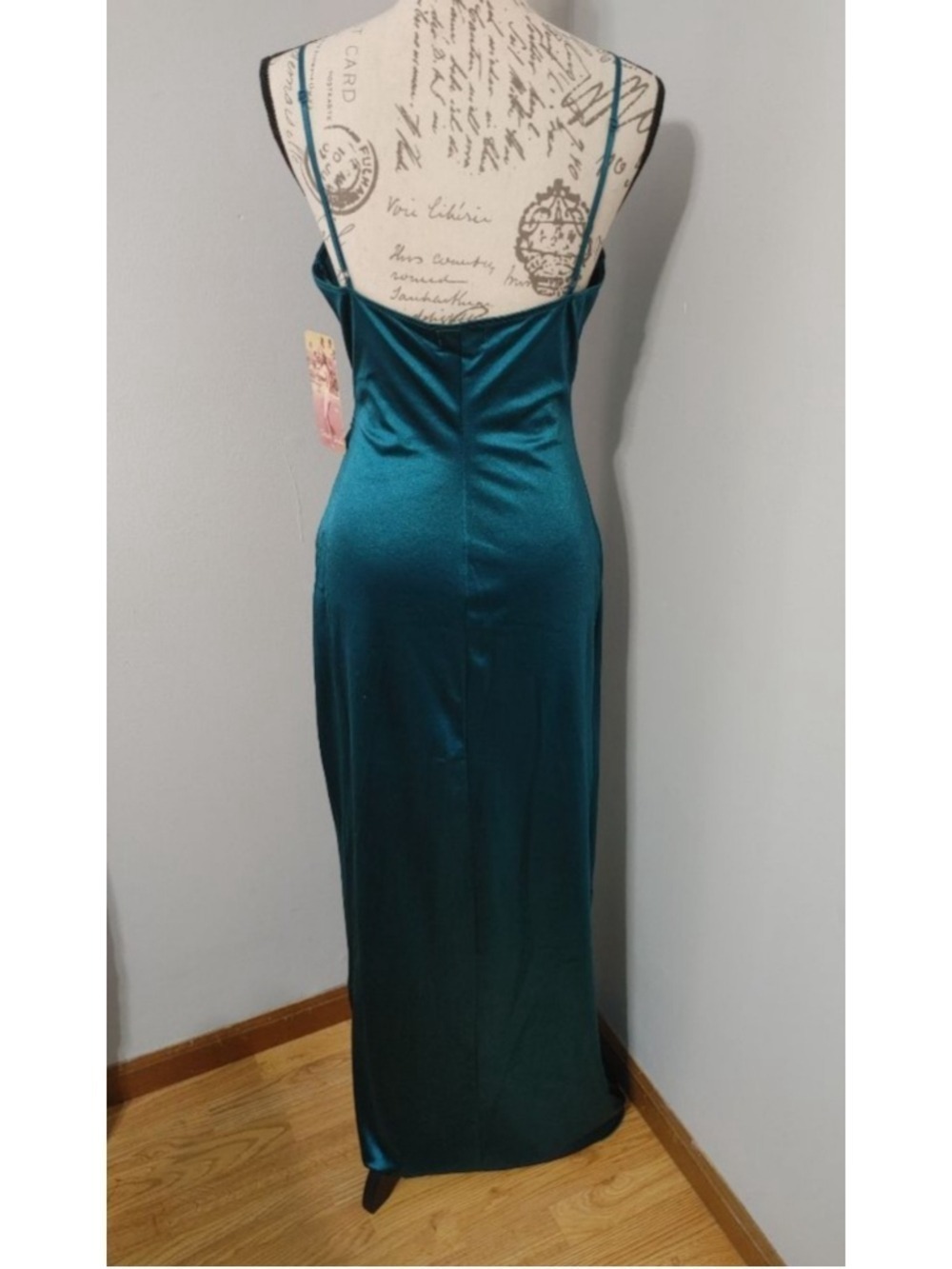 Women's Emerald Sundae Emerald Green Satin Sheath Slip V Wrap Dress with Slit *M - Picture 3 of 13